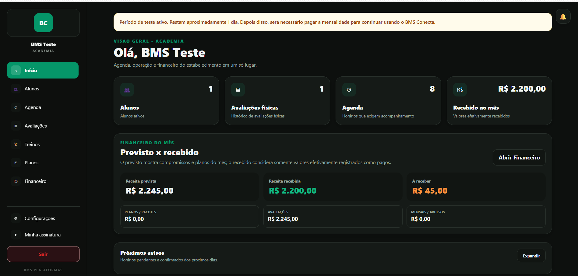 Dashboard do BMS Conecta