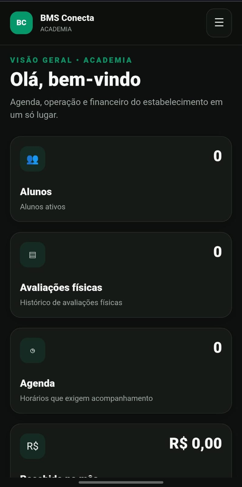 Tela mobile do BMS Conecta