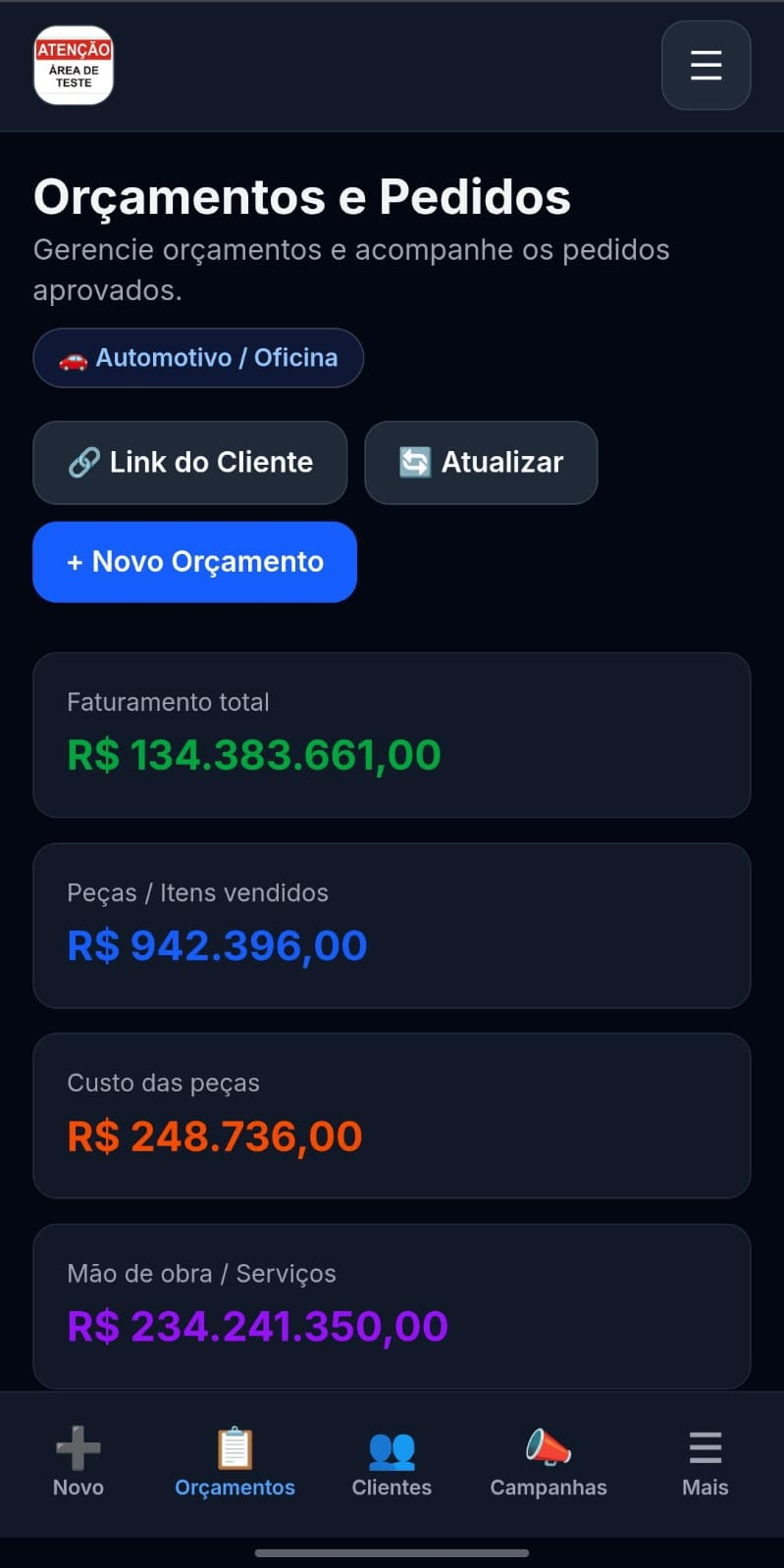 Tela mobile do BMS Orçamentos